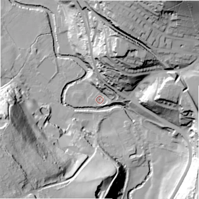 Shaded relief map of the ground around HD47PJ, computed from Environment Agency LiDAR. The ground here sits at about 84 m above sea level and falls 75 m across the surrounding 800 m. Surface water reaching this point runs off ground lying to the north-north-east, 15.3 m higher.