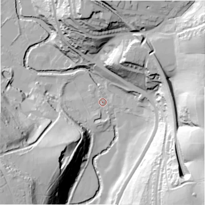 Shaded relief map of the ground around HD47PL, computed from Environment Agency LiDAR. The ground here sits at about 86 m above sea level and falls 77 m across the surrounding 800 m. Surface water reaching this point runs off ground lying to the north-north-east, 38.5 m higher.