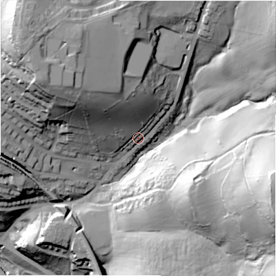 Shaded relief map of the ground around HD47PT, computed from Environment Agency LiDAR. The ground here sits at about 129 m above sea level and falls 106 m across the surrounding 800 m. Surface water reaching this point runs off ground lying to the north-west, 37.5 m higher.