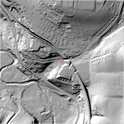Shaded relief map of the ground around HD47PW, computed from Environment Agency LiDAR. The ground here sits at about 112 m above sea level and falls 83 m across the surrounding 800 m. Surface water reaching this point runs off ground lying to the north, 52.2 m higher.