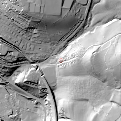 Shaded relief map of the ground around HD47QD, computed from Environment Agency LiDAR. The ground here sits at about 125 m above sea level and falls 97 m across the surrounding 800 m. Surface water reaching this point runs off ground lying to the east, 39.3 m higher.