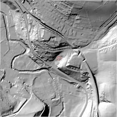 Shaded relief map of the ground around HD47QF, computed from Environment Agency LiDAR. The ground here sits at about 102 m above sea level and falls 81 m across the surrounding 800 m. Surface water reaching this point runs off ground lying to the north-north-east, 61.3 m higher.