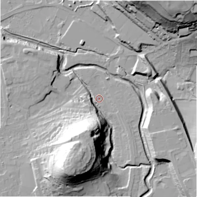 Shaded relief map of the ground around HD50AA, computed from Environment Agency LiDAR. The ground here sits at about 63 m above sea level and falls 51 m across the surrounding 800 m. Surface water reaching this point runs off ground lying to the south-south-west, 42.6 m higher.