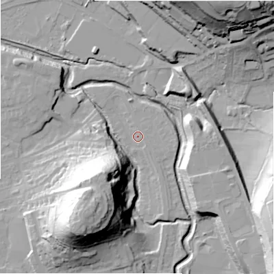 Shaded relief map of the ground around HD50AB, computed from Environment Agency LiDAR. The ground here sits at about 63 m above sea level and falls 49 m across the surrounding 800 m. Surface water reaching this point runs off ground lying to the south-south-east, 1.8 m higher.