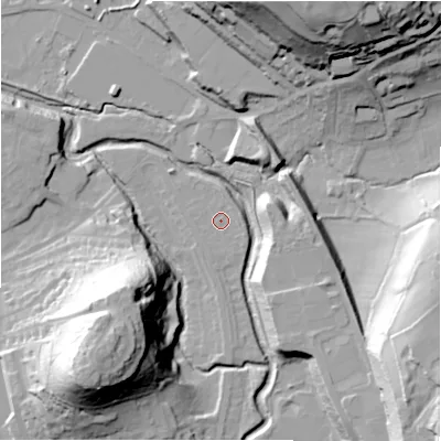 Shaded relief map of the ground around HD50AD, computed from Environment Agency LiDAR. The ground here sits at about 64 m above sea level and falls 49 m across the surrounding 800 m. Surface water reaching this point runs off ground lying to the east-south-east, 1.2 m higher.