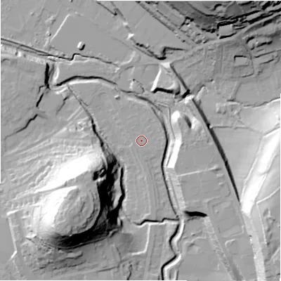 Shaded relief map of the ground around HD50AE, computed from Environment Agency LiDAR. The ground here sits at about 64 m above sea level and falls 47 m across the surrounding 800 m. Surface water reaching this point runs off ground lying to the east-south-east, 0.8 m higher.