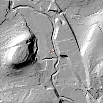 Shaded relief map of the ground around HD50AF, computed from Environment Agency LiDAR. The ground here sits at about 65 m above sea level and falls 47 m across the surrounding 800 m. Surface water reaching this point runs off ground lying to the east-south-east, 43.9 m higher.
