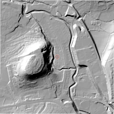 Shaded relief map of the ground around HD50AG, computed from Environment Agency LiDAR. The ground here sits at about 63 m above sea level and falls 45 m across the surrounding 800 m. Surface water reaching this point runs off ground lying to the west-south-west, 41.7 m higher.