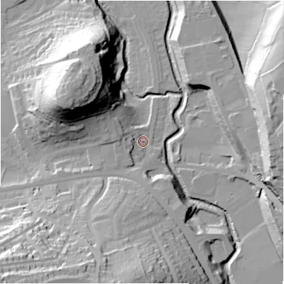 Shaded relief map of the ground around HD50AH, computed from Environment Agency LiDAR. The ground here sits at about 68 m above sea level and falls 51 m across the surrounding 800 m. Surface water reaching this point runs off ground lying to the south-south-west, 37.4 m higher.