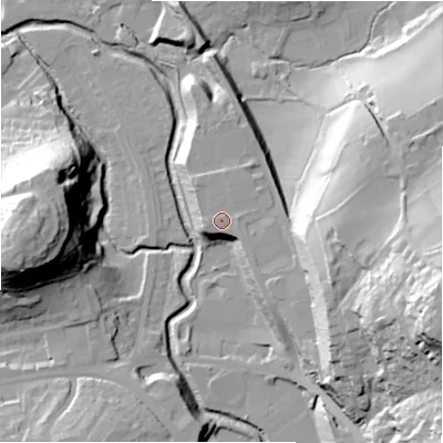 Shaded relief map of the ground around HD50AL, computed from Environment Agency LiDAR. The ground here sits at about 77 m above sea level and falls 62 m across the surrounding 800 m. Surface water reaching this point runs off ground lying to the east-north-east, 1.1 m higher.