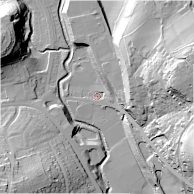 Shaded relief map of the ground around HD50AN, computed from Environment Agency LiDAR. The ground here sits at about 67 m above sea level and falls 63 m across the surrounding 800 m. Surface water reaching this point runs off ground lying to the east-south-east, 4.6 m higher.