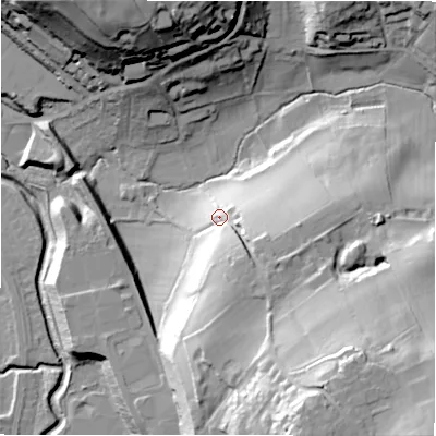 Shaded relief map of the ground around HD50BQ, computed from Environment Agency LiDAR. The ground here sits at about 80 m above sea level and falls 66 m across the surrounding 800 m. Surface water reaching this point runs off ground lying to the south-east, 20.7 m higher.