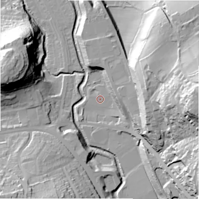 Shaded relief map of the ground around HD50BS, computed from Environment Agency LiDAR. The ground here sits at about 66 m above sea level and falls 61 m across the surrounding 800 m. Surface water reaching this point runs off ground lying to the east, 55.4 m higher.