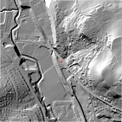 Shaded relief map of the ground around HD50HA, computed from Environment Agency LiDAR. The ground here sits at about 81 m above sea level and falls 84 m across the surrounding 800 m. Surface water reaching this point runs off ground lying to the east-south-east, 67.6 m higher.