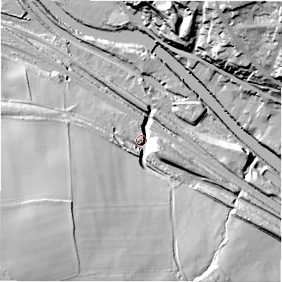 Shaded relief map of the ground around HD50PX, computed from Environment Agency LiDAR. The ground here sits at about 56 m above sea level and falls 62 m across the surrounding 800 m. Surface water reaching this point runs off ground lying to the south-west, 54.1 m higher.
