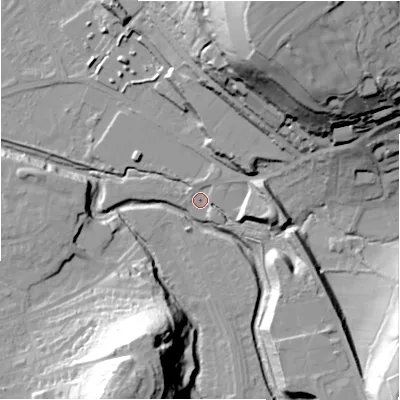 Shaded relief map of the ground around HD50QS, computed from Environment Agency LiDAR. The ground here sits at about 63 m above sea level and falls 56 m across the surrounding 800 m. Surface water reaching this point runs off ground lying to the north-north-east, 51.2 m higher.