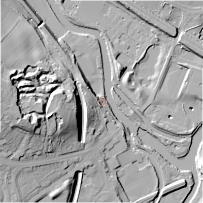 Shaded relief map of the ground around HD50RD, computed from Environment Agency LiDAR. The ground here sits at about 52 m above sea level and falls 49 m across the surrounding 800 m. Surface water reaching this point runs off ground lying to the west, 45.2 m higher.