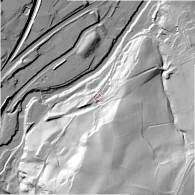 Shaded relief map of the ground around HD50RE, computed from Environment Agency LiDAR. The ground here sits at about 64 m above sea level and falls 78 m across the surrounding 800 m. Surface water reaching this point runs off ground lying to the south-south-east, 46.0 m higher.