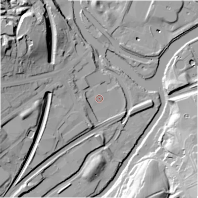 Shaded relief map of the ground around HD50RH, computed from Environment Agency LiDAR. The ground here sits at about 53 m above sea level and falls 45 m across the surrounding 800 m. Surface water reaching this point runs off ground lying to the west, 6.1 m higher.