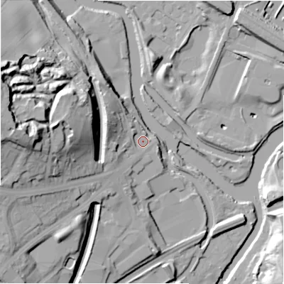 Shaded relief map of the ground around HD50RL, computed from Environment Agency LiDAR. The ground here sits at about 54 m above sea level and falls 47 m across the surrounding 800 m. Surface water reaching this point runs off ground lying to the west, 35.9 m higher.