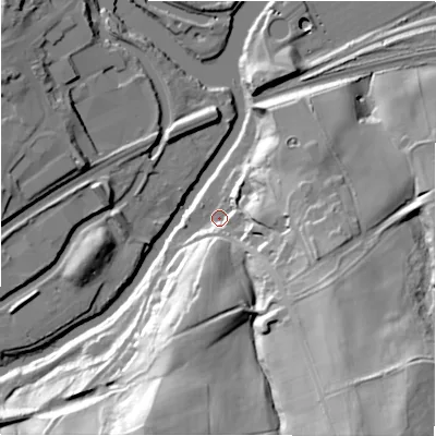 Shaded relief map of the ground around HD50RN, computed from Environment Agency LiDAR. The ground here sits at about 51 m above sea level and falls 57 m across the surrounding 800 m. Surface water reaching this point runs off ground lying to the east-south-east, 29.2 m higher.