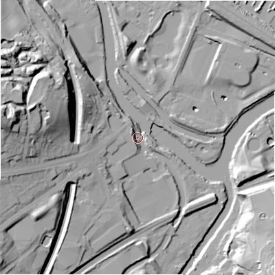 Shaded relief map of the ground around HD50RP, computed from Environment Agency LiDAR. The ground here sits at about 49 m above sea level and falls 46 m across the surrounding 800 m. Surface water reaching this point runs off ground lying to the west-south-west, 27.4 m higher.