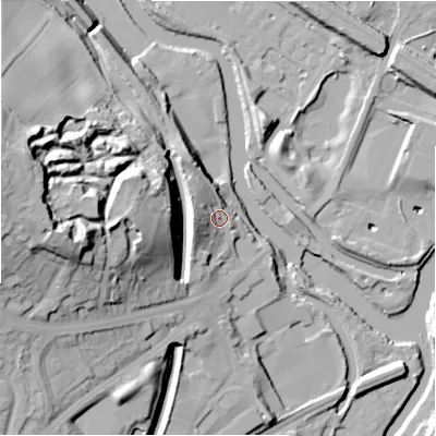Shaded relief map of the ground around HD50RR, computed from Environment Agency LiDAR. The ground here sits at about 57 m above sea level and falls 50 m across the surrounding 800 m. Surface water reaching this point runs off ground lying to the west, 11.0 m higher.