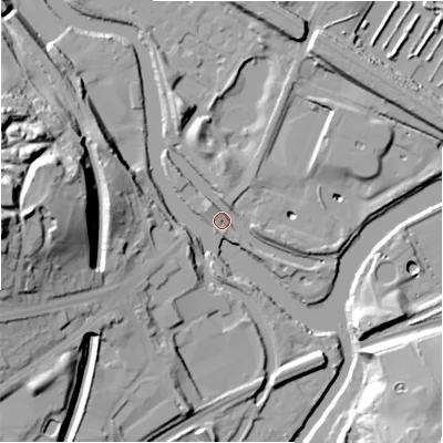 Shaded relief map of the ground around HD50RW, computed from Environment Agency LiDAR. The ground here sits at about 49 m above sea level and falls 44 m across the surrounding 800 m. Surface water reaching this point runs off ground lying to the west, 42.0 m higher.