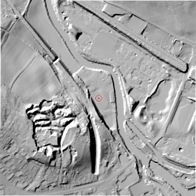 Shaded relief map of the ground around HD50RX, computed from Environment Agency LiDAR. The ground here sits at about 49 m above sea level and falls 53 m across the surrounding 800 m. Surface water reaching this point runs off ground lying to the west-south-west, 48.6 m higher.