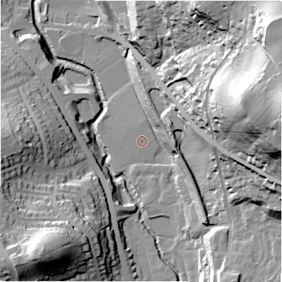 Shaded relief map of the ground around HD58QW, computed from Environment Agency LiDAR. The ground here sits at about 71 m above sea level and falls 80 m across the surrounding 800 m. The ground contributing surface water to this point lies to the south-south-west.