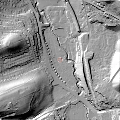 Shaded relief map of the ground around HD58RR, computed from Environment Agency LiDAR. The ground here sits at about 72 m above sea level and falls 71 m across the surrounding 800 m. Surface water reaching this point runs off ground lying to the south-west, 48.2 m higher.