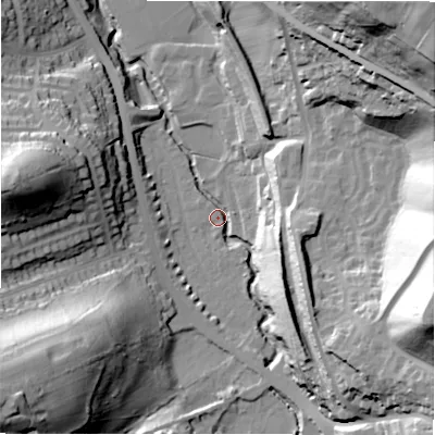 Shaded relief map of the ground around HD58RS, computed from Environment Agency LiDAR. The ground here sits at about 72 m above sea level and falls 78 m across the surrounding 800 m. Surface water reaching this point runs off ground lying to the south-east, 31.6 m higher.
