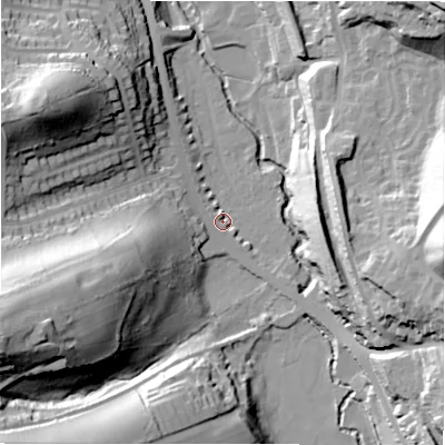 Shaded relief map of the ground around HD58RW, computed from Environment Agency LiDAR. The ground here sits at about 73 m above sea level and falls 54 m across the surrounding 800 m. Surface water reaching this point runs off ground lying to the west-south-west, 49.4 m higher.