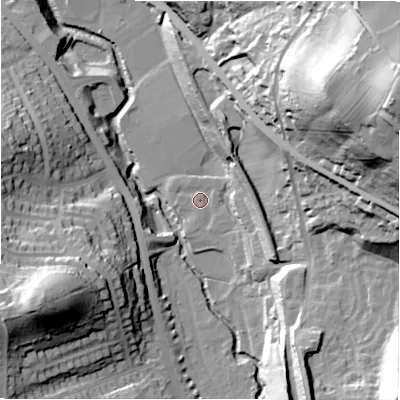 Shaded relief map of the ground around HD58SX, computed from Environment Agency LiDAR. The ground here sits at about 71 m above sea level and falls 83 m across the surrounding 800 m. Surface water reaching this point runs off ground lying to the south-east, 13.5 m higher.
