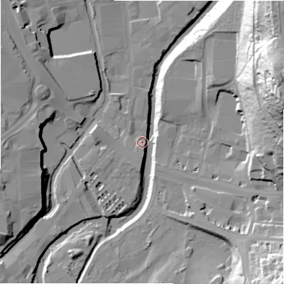 Shaded relief map of the ground around HD59AA, computed from Environment Agency LiDAR. The ground here sits at about 64 m above sea level and falls 60 m across the surrounding 800 m. Surface water reaching this point runs off ground lying to the east-north-east, 59.9 m higher.