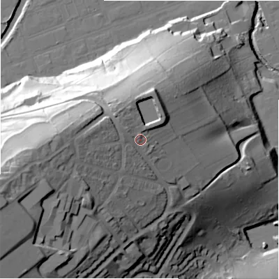 Shaded relief map of the ground around HD59PL, computed from Environment Agency LiDAR. The ground here sits at about 102 m above sea level and falls 73 m across the surrounding 800 m. Surface water reaching this point runs off ground lying to the west, 10.7 m higher.
