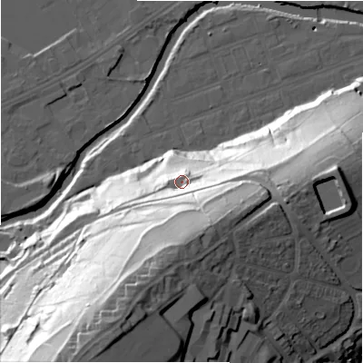Shaded relief map of the ground around HD59PR, computed from Environment Agency LiDAR. The ground here sits at about 81 m above sea level and falls 75 m across the surrounding 800 m. Surface water reaching this point runs off ground lying to the south, 43.7 m higher.