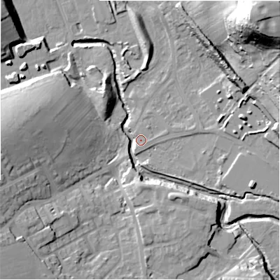 Shaded relief map of the ground around HD59RS, computed from Environment Agency LiDAR. The ground here sits at about 60 m above sea level and falls 51 m across the surrounding 800 m. Surface water reaching this point runs off ground lying to the east, 14.4 m higher.