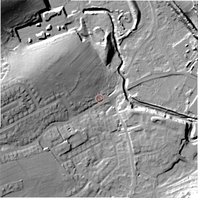 Shaded relief map of the ground around HD59SP, computed from Environment Agency LiDAR. The ground here sits at about 62 m above sea level and falls 32 m across the surrounding 800 m. Surface water reaching this point runs off ground lying to the west, 21.7 m higher.