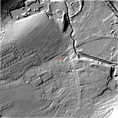 Shaded relief map of the ground around HD59SR, computed from Environment Agency LiDAR. The ground here sits at about 61 m above sea level and falls 35 m across the surrounding 800 m. Surface water reaching this point runs off ground lying to the west, 21.0 m higher.