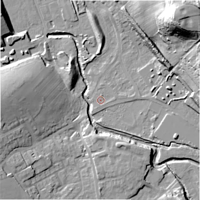 Shaded relief map of the ground around HD59SS, computed from Environment Agency LiDAR. The ground here sits at about 60 m above sea level and falls 56 m across the surrounding 800 m. Surface water reaching this point runs off ground lying to the east, 1.0 m higher.