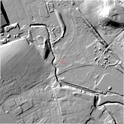 Shaded relief map of the ground around HD59ST, computed from Environment Agency LiDAR. The ground here sits at about 60 m above sea level and falls 55 m across the surrounding 800 m. Surface water reaching this point runs off ground lying to the east-south-east, 1.1 m higher.