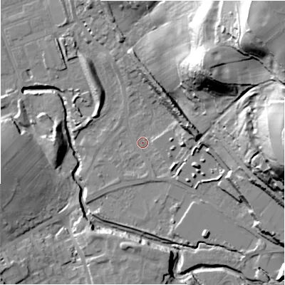 Shaded relief map of the ground around HD59SY, computed from Environment Agency LiDAR. The ground here sits at about 59 m above sea level and falls 66 m across the surrounding 800 m. Surface water reaching this point runs off ground lying to the north-east, 60.9 m higher.