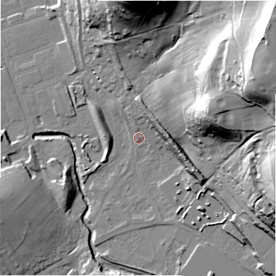 Shaded relief map of the ground around HD59SZ, computed from Environment Agency LiDAR. The ground here sits at about 60 m above sea level and falls 69 m across the surrounding 800 m. Surface water reaching this point runs off ground lying to the north-north-east, 9.2 m higher.