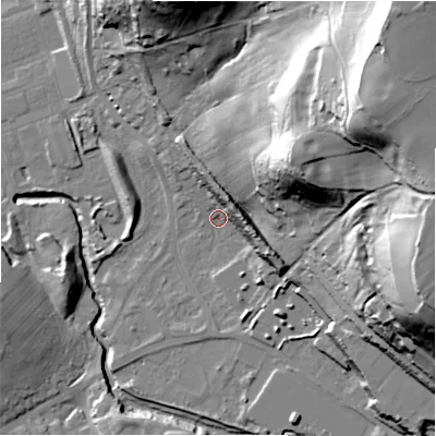 Shaded relief map of the ground around HD59TA, computed from Environment Agency LiDAR. The ground here sits at about 60 m above sea level and falls 69 m across the surrounding 800 m. Surface water reaching this point runs off ground lying to the east-south-east, 10.8 m higher.