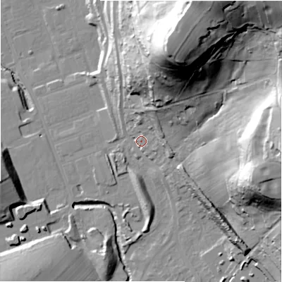 Shaded relief map of the ground around HD59TE, computed from Environment Agency LiDAR. The ground here sits at about 62 m above sea level and falls 70 m across the surrounding 800 m. Surface water reaching this point runs off ground lying to the north-north-east, 62.8 m higher.