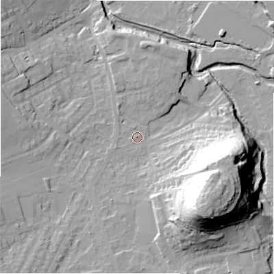 Shaded relief map of the ground around HD59UL, computed from Environment Agency LiDAR. The ground here sits at about 65 m above sea level and falls 46 m across the surrounding 800 m. Surface water reaching this point runs off ground lying to the south-east, 38.4 m higher.