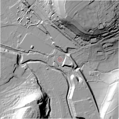 Shaded relief map of the ground around HD59UN, computed from Environment Agency LiDAR. The ground here sits at about 63 m above sea level and falls 56 m across the surrounding 800 m. Surface water reaching this point runs off ground lying to the east-south-east, 8.3 m higher.