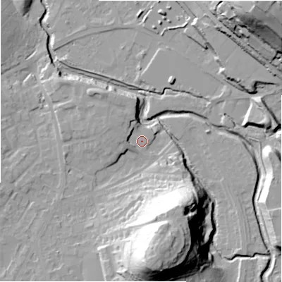 Shaded relief map of the ground around HD59UY, computed from Environment Agency LiDAR. The ground here sits at about 64 m above sea level and falls 56 m across the surrounding 800 m. Surface water reaching this point runs off ground lying to the west, 3.7 m higher.