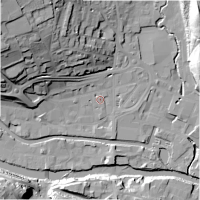 Shaded relief map of the ground around HD61AB, computed from Environment Agency LiDAR. The ground here sits at about 57 m above sea level and falls 42 m across the surrounding 800 m. Surface water reaching this point runs off ground lying to the north, 1.3 m higher.